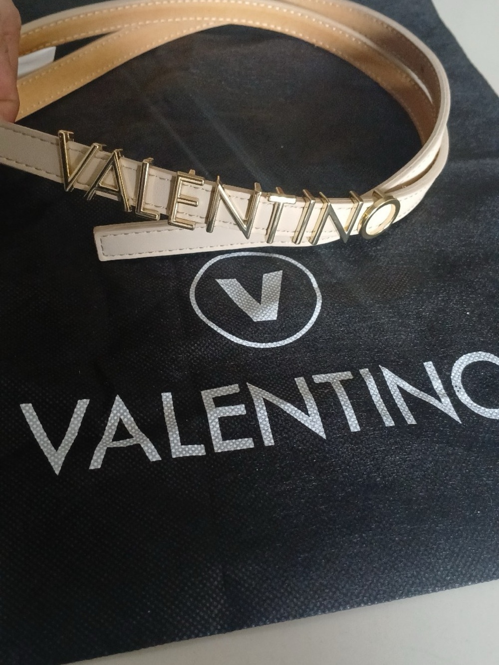 Mario Valentino Beige Belt with Gold Logo Hardware